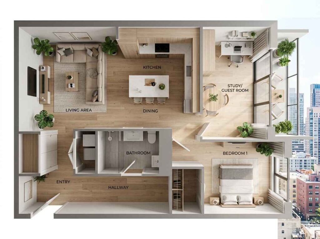 Architectural 3D floor plan of a modern double-height loft apartment featuring clean geometric lines, floor-to-ceiling windows, and warm oak flooring.