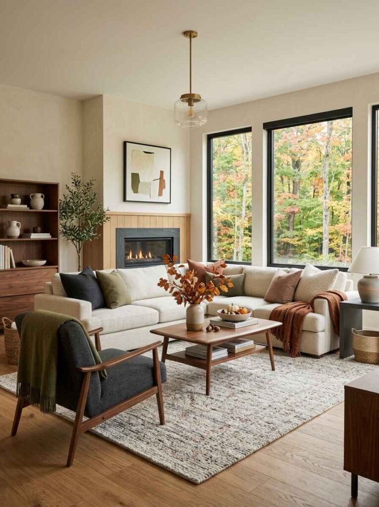 Modern autumn living room design with an off-white sectional sofa, dark accent chair, wood coffee table with dried orange leaves, and large picture windows looking out at fall trees.