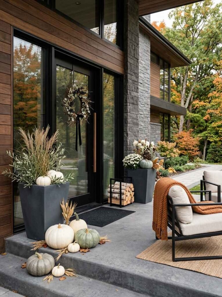 Modern architectural front entrance styled with sleek charcoal planters, white and sage pumpkins, black seating, and a thin wreath.