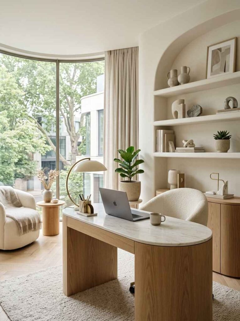 Modern feminine office setup showcasing a rounded oval wood desk with marble top, built-in plaster arch shelving, and large sunlit curve windows.