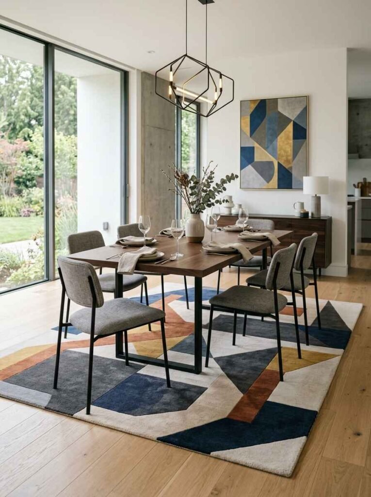Bold geometric dining room rug with multicolor blocks under modern dining table
