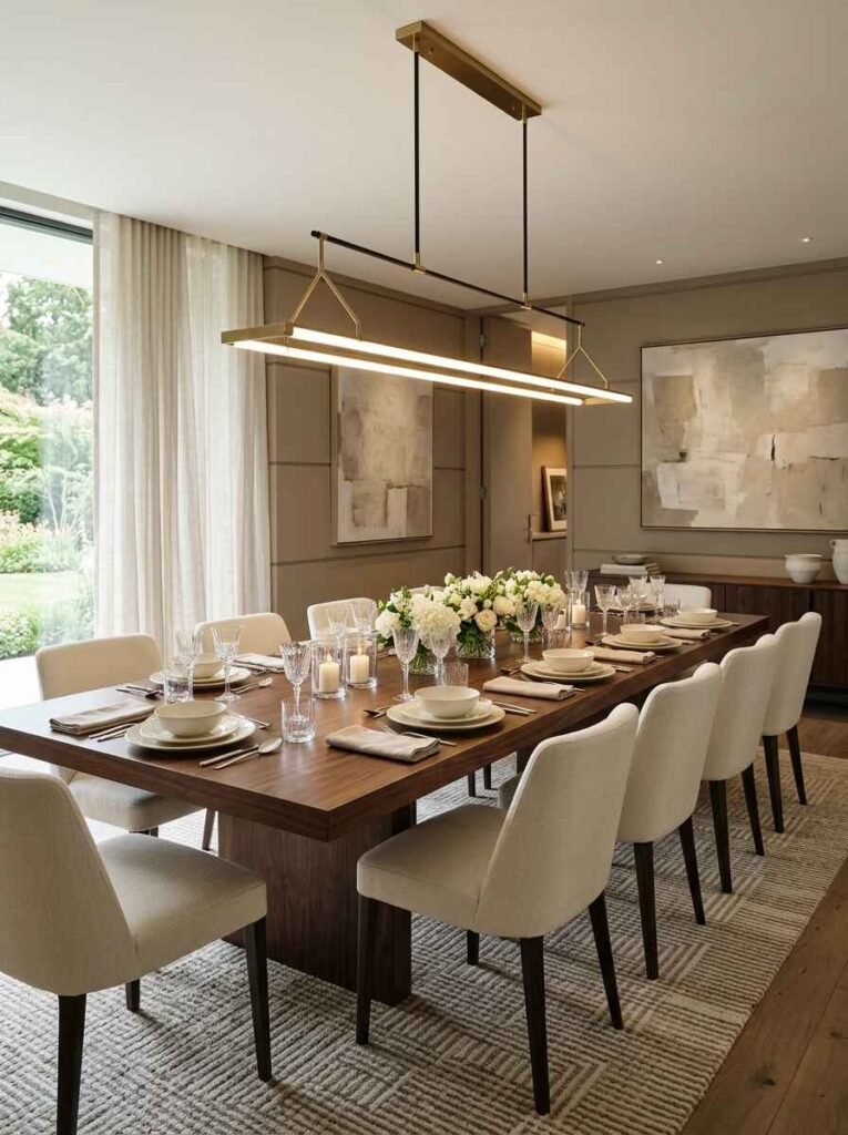 Sleek modern brass linear LED pendant fixture hanging evenly over a long dark wood dining table