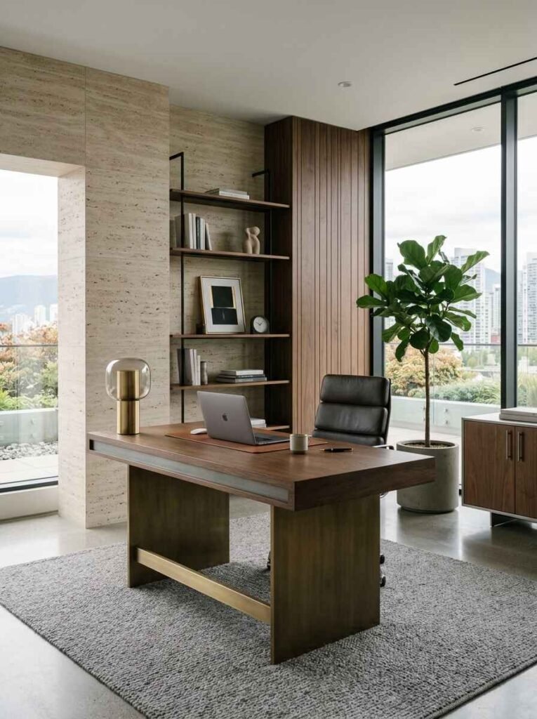 Modern luxury home office with clean lines, featuring a dark wood executive desk on a textured grey rug, travertine stone wall tiles, floating display shelves, and floor-to-ceiling windows with urban views.