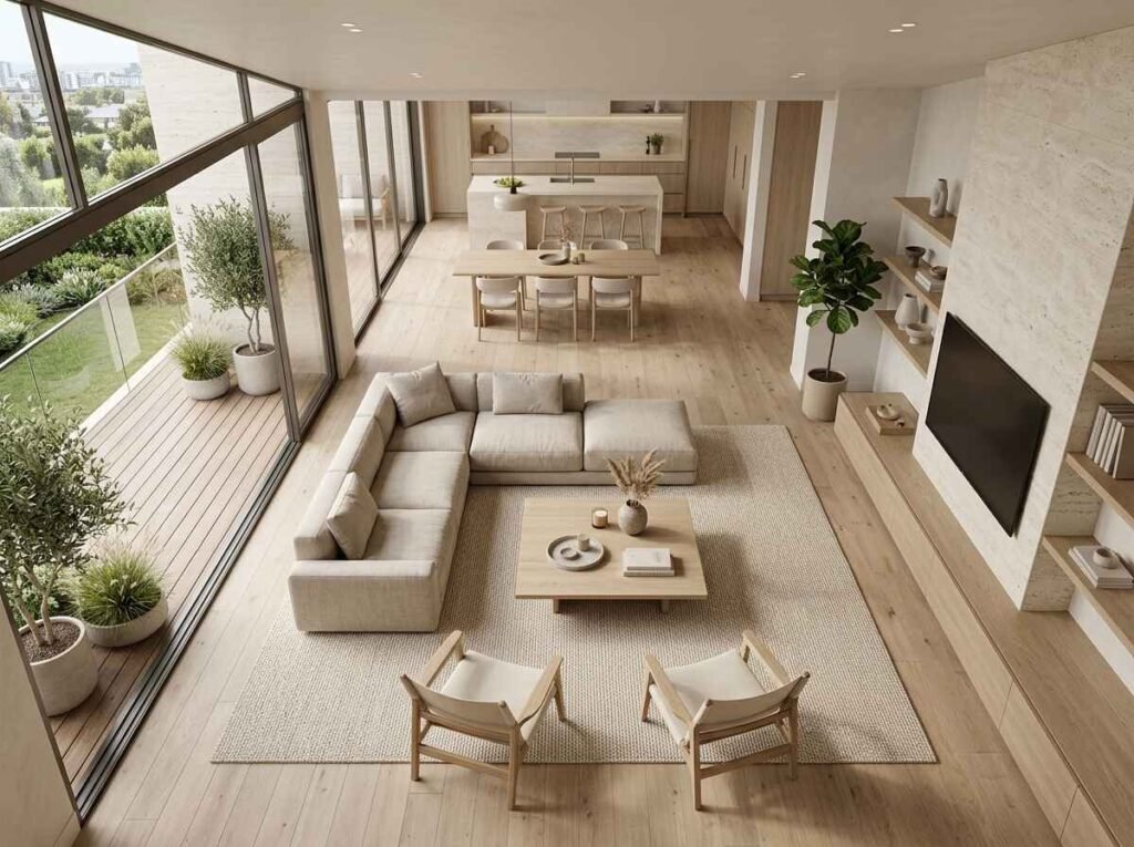Clean modern luxury living room layout featuring low-profile beige furniture, light oak finishes, a travertine fireplace wall, and an open balcony view.