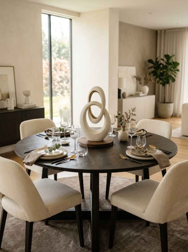Modern abstract sculptural decor object on a round dining table
