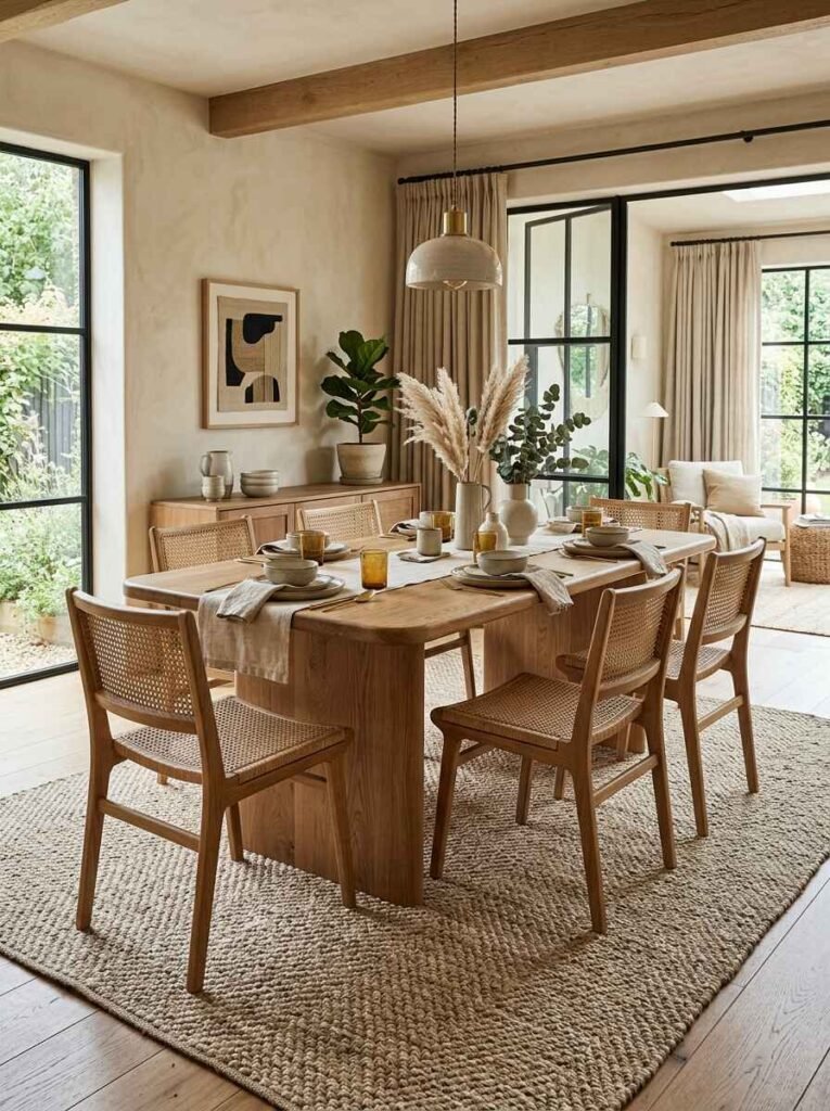 Natural woven texture dining room rug pairing with wooden furniture and neutral decor
