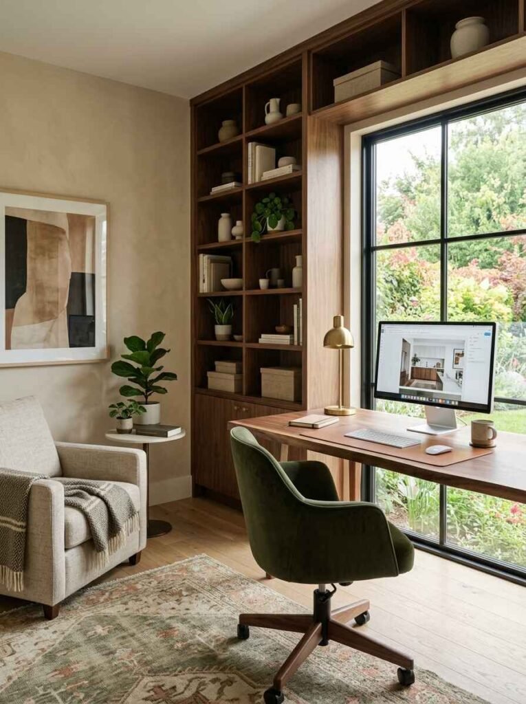 Warm organic home office featuring a natural walnut desk, olive green velvet office chair, full-height dark wood shelving, and bright garden view