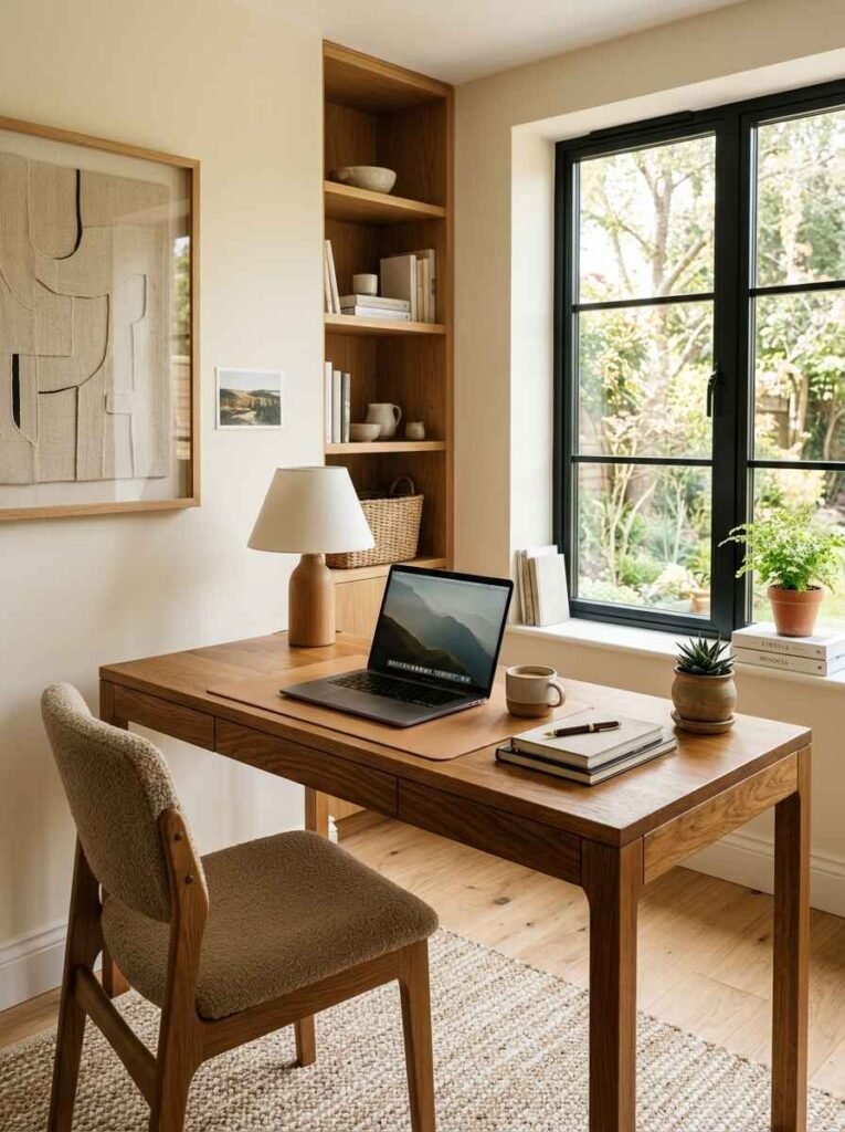 Warm oak wood desk setup with textured bouclé chair, minimalist wooden table lamp, woven jute rug, and built-in alcove shelving near a black frame window.