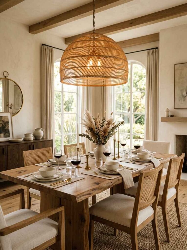 Large woven rattan dome pendant light adding organic texture above a rustic wood dining table with cane back chairs