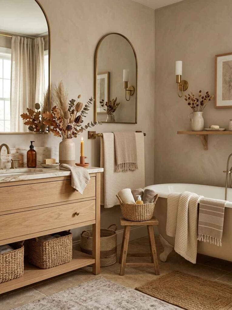 Neutral fall bathroom decorated with taupe waffle-knit towels, woven storage baskets, light oak vanity, and dried wheat stems in ceramic vases.