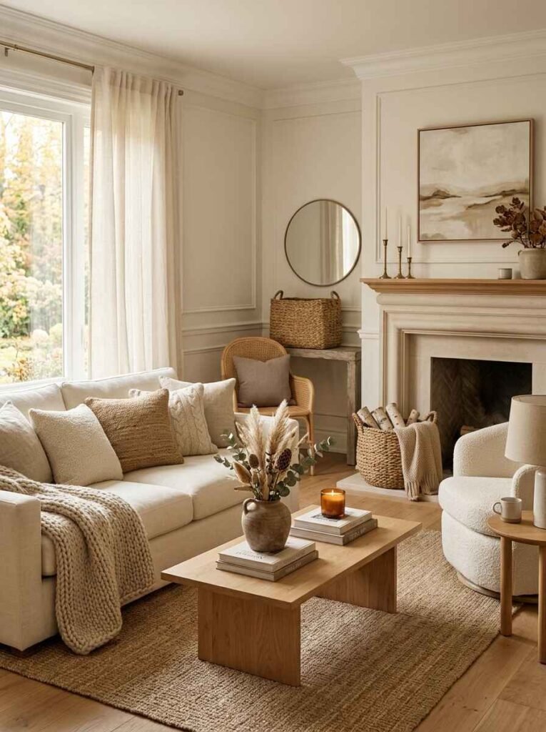 Neutral fall living room styled with a chunky knit throw blanket on a cream sofa, woven jute rug, amber glass candle on a wooden coffee table, and an elegant fireplace mantel with gold mirrors.