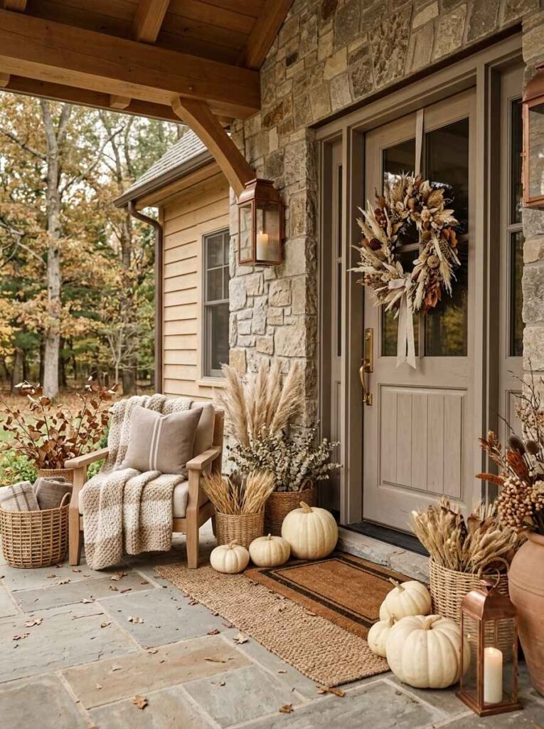 Neutral autumn front porch decorated with cream pumpkins, pampas grass, woven baskets, taupe textiles, and a beige front door.