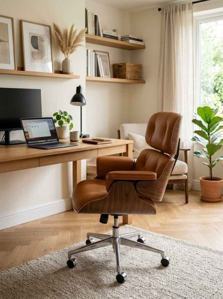 Modern home office featuring a cognac leather mid-century swivel office chair, light oak desk, herringbone wood floor, and potted fiddle leaf fig