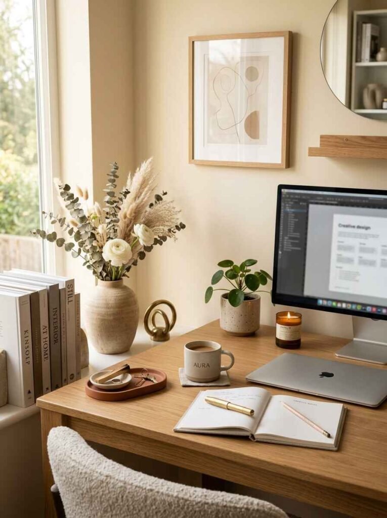 Warm wood desk styled with leather desk mat, brass lamp, white floral arrangement, gold-framed wall art, and floating oak shelves