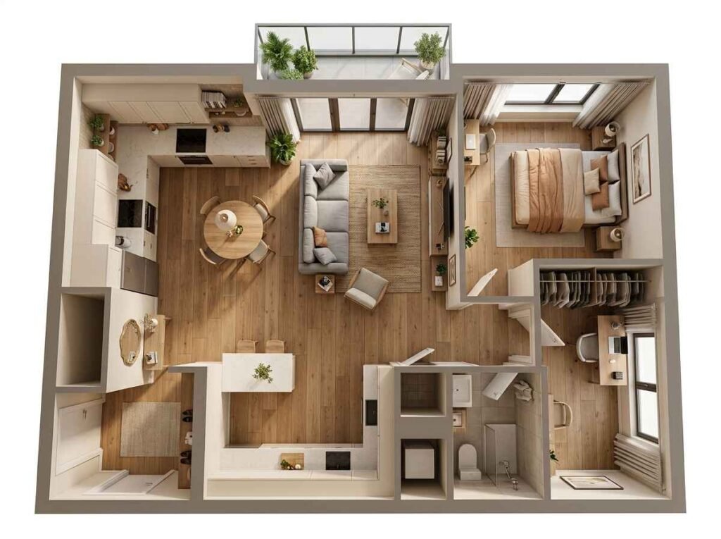 3D floor plan of a spacious one-bedroom apartment with a dedicated study nook, open-plan living and dining area, and private bedroom retreat.