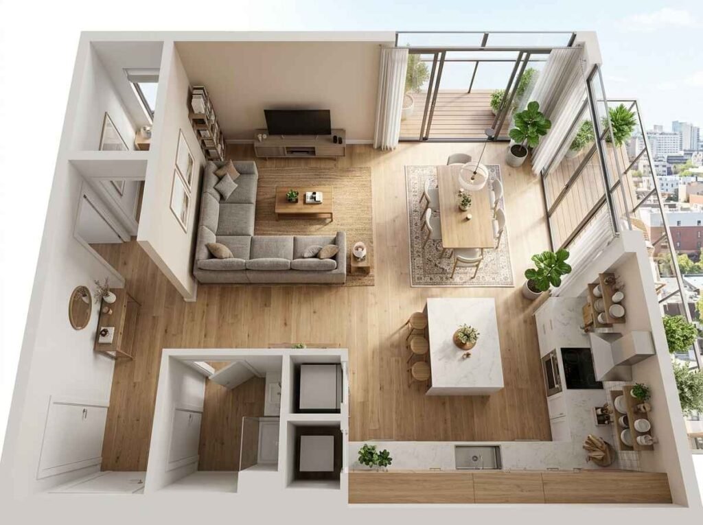 High-angle 3D visualization of an open-concept apartment layout connecting the lounge, dining table, and gourmet marble island kitchen.
