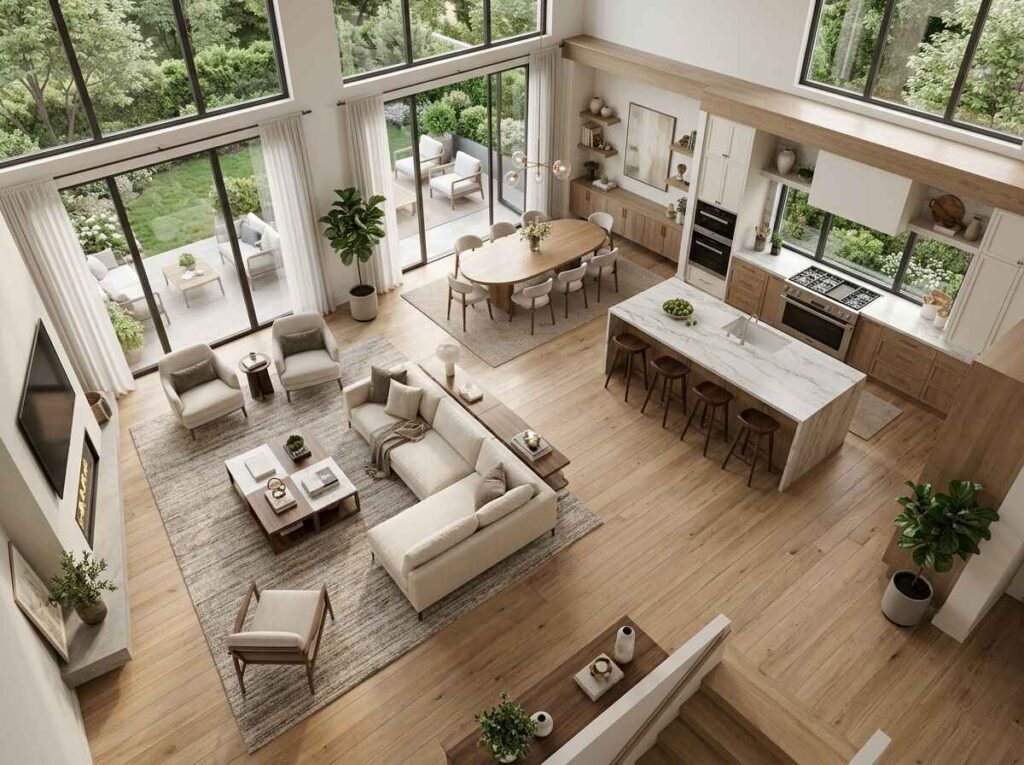 High-angle overview of an open-plan luxury living room layout seamlessly connected to a marble island kitchen and oval dining table with floor-to-ceiling glass doors.