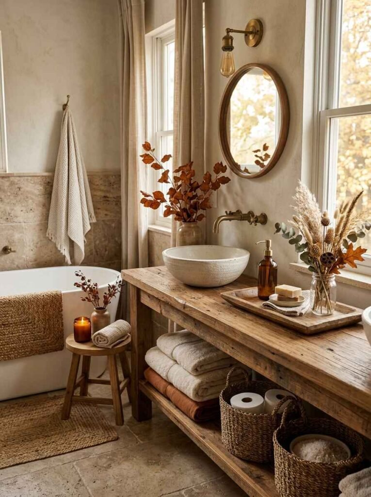 Organic-modern bathroom featuring a reclaimed wood vanity, stone vessel sink, woven storage baskets, and natural fall greenery.
