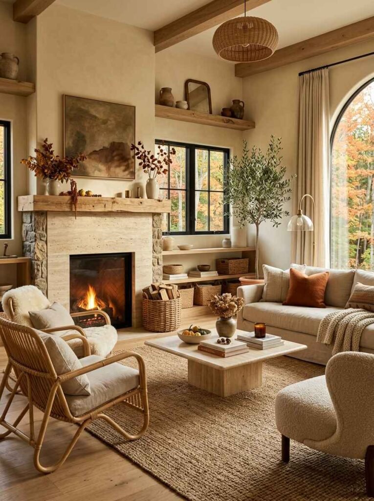Organic autumn living room with exposed ceiling beams, travertine fireplace, rattan lounge chair, indoor olive tree, and arched windows displaying vibrant fall foliage outside.