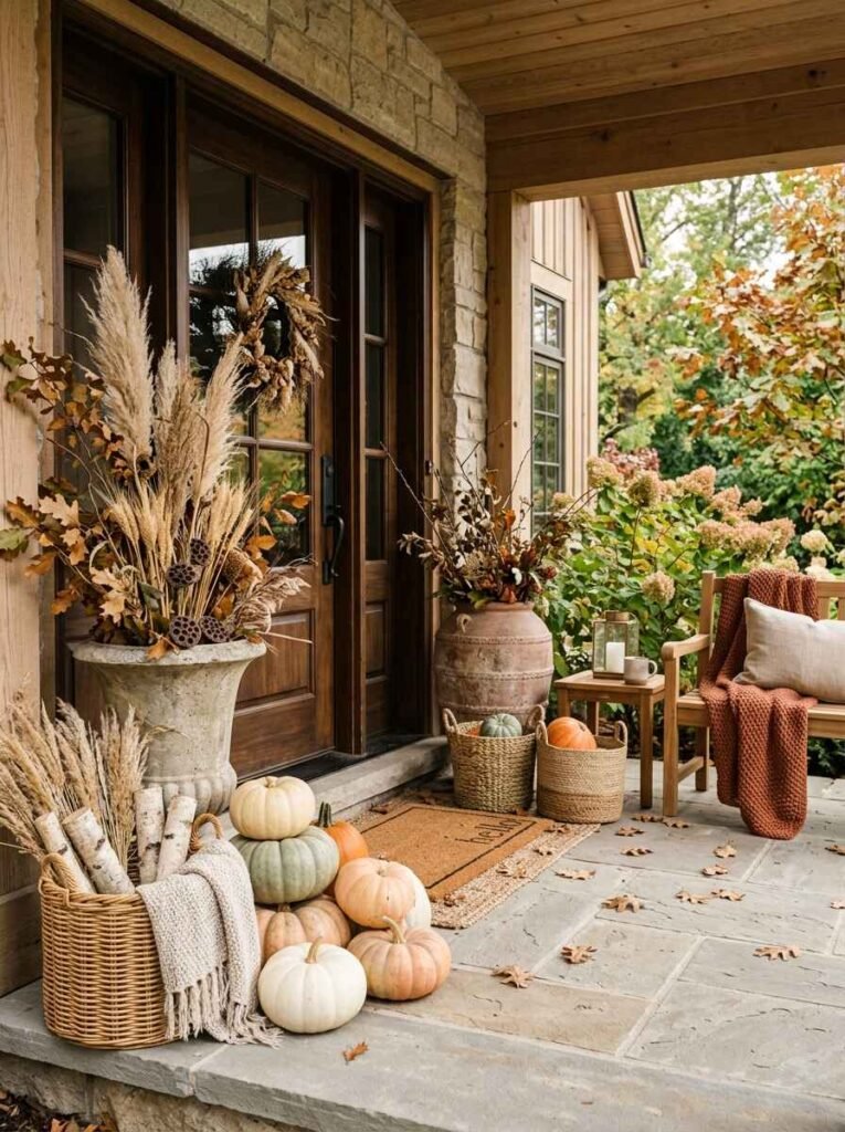 Natural organic fall porch decorated with large stone urns of pampas grass, woven birch log baskets, terracota vessels, and heirloom pumpkins.