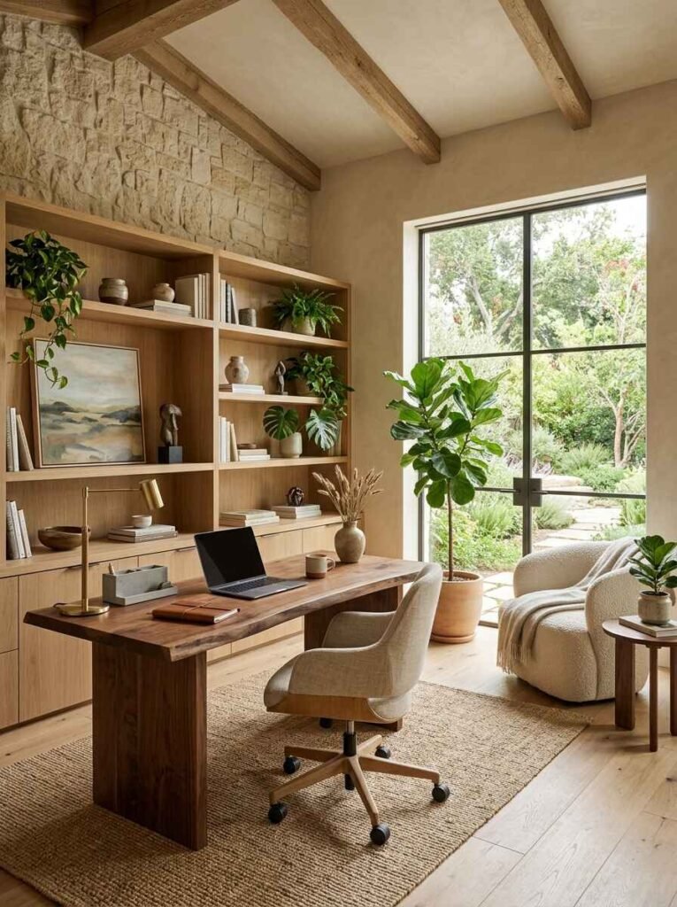 Organic modern workspace with natural light wood desk, woven wishbone chair, paper lantern light fixture, and minimalist ceramic shelf decor