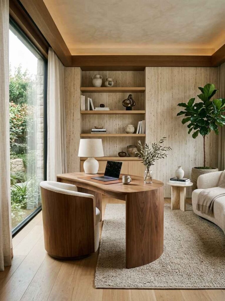 Organic modern luxury home office design featuring a unique curved walnut writing desk, cream bouclé chair, limestone travertine walls, built-in display niche, and floor-to-ceiling garden windows.