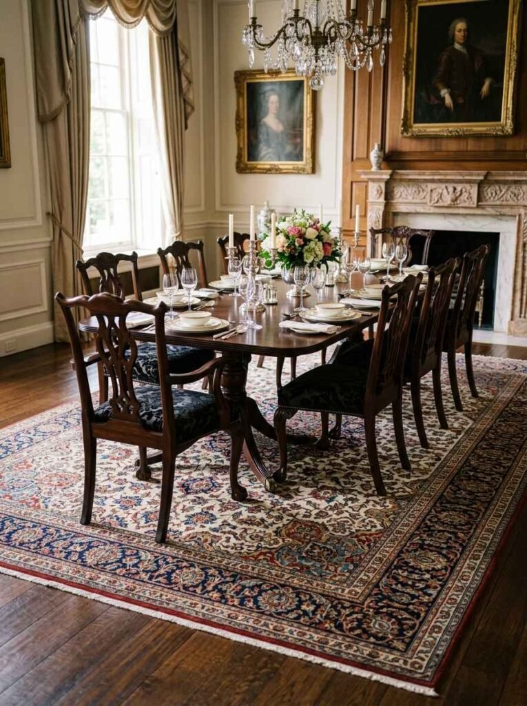 Traditional Persian style dining room rug featuring classic blue and tan motifs