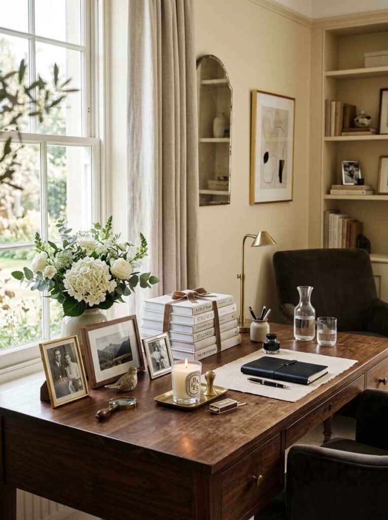 Luxury dark wood desk decorated with brass desk lamp, stacked coffee table books, framed family photos, white hydrangea flowers, and scented candle.