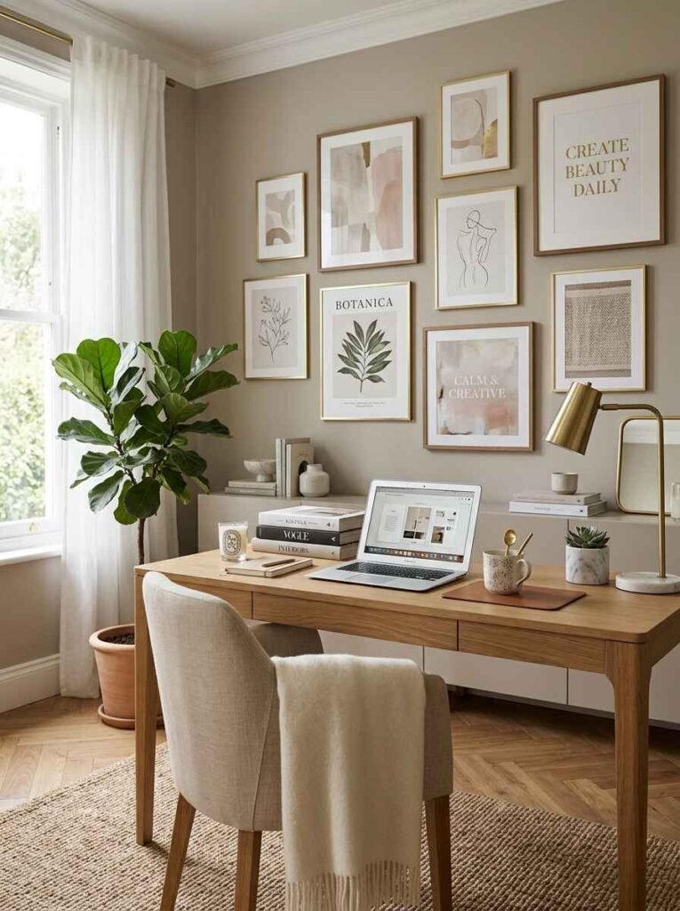 Modern home office with a beige framed gallery wall, light wood desk, cream upholstered chair, brass task lamp, and potted fiddle leaf fig tree.