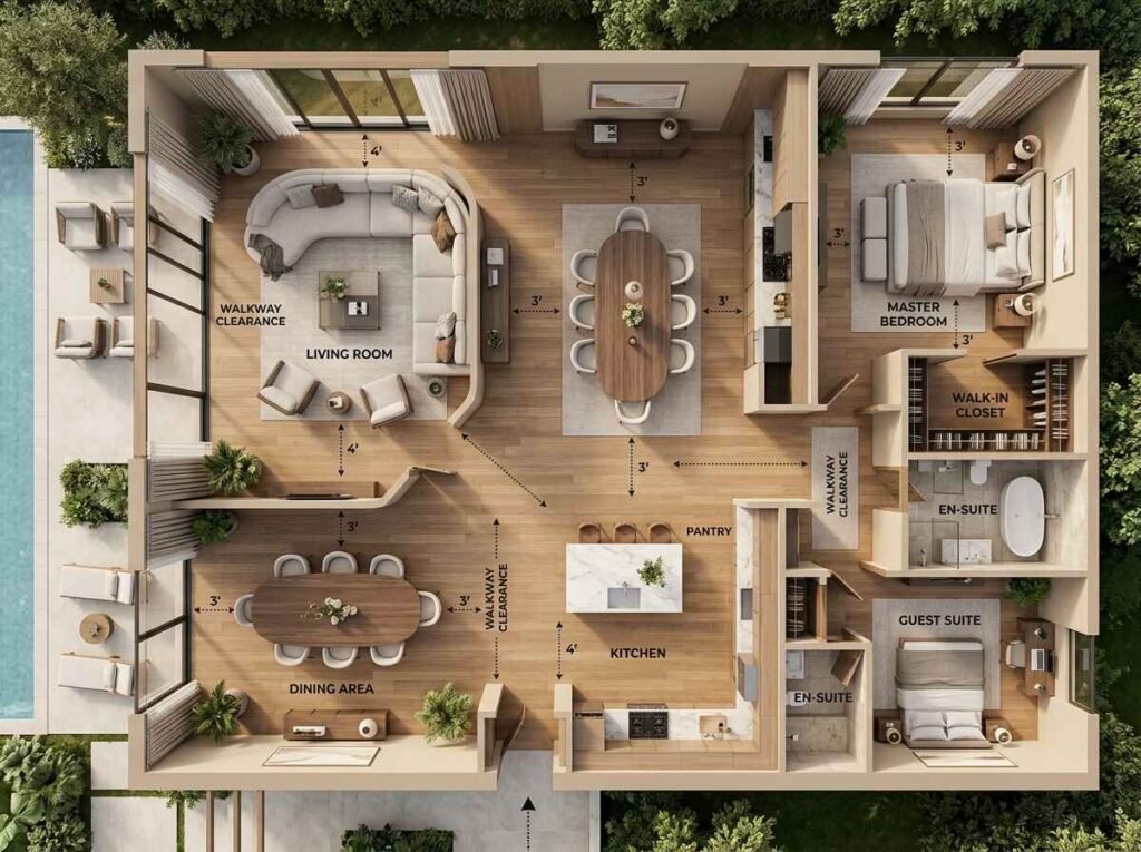 3D interior layout emphasizing spatial planning with specifically marked walkway clearances around a modern curved beige sofa, an expansive dining table, and a well-appointed master bedroom.