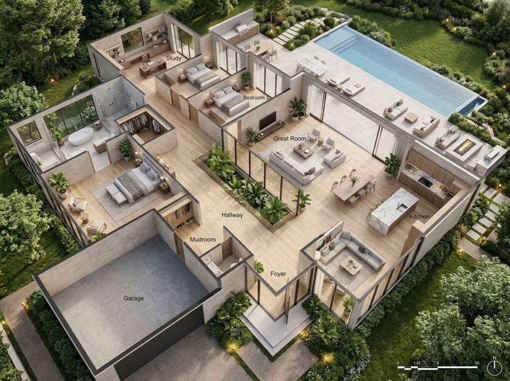 Bright luxury modern floor plan optimized for natural light, featuring expansive floor-to-ceiling windows, a glass-enclosed indoor garden hallway, and a great room opening out to a large terrace and pool.