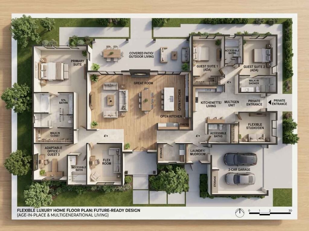 Flexible luxury 3D floor plan designed for multigenerational living and aging in place, featuring ADA-accessible bathrooms, private guest suites, and a spacious open-concept great room.
