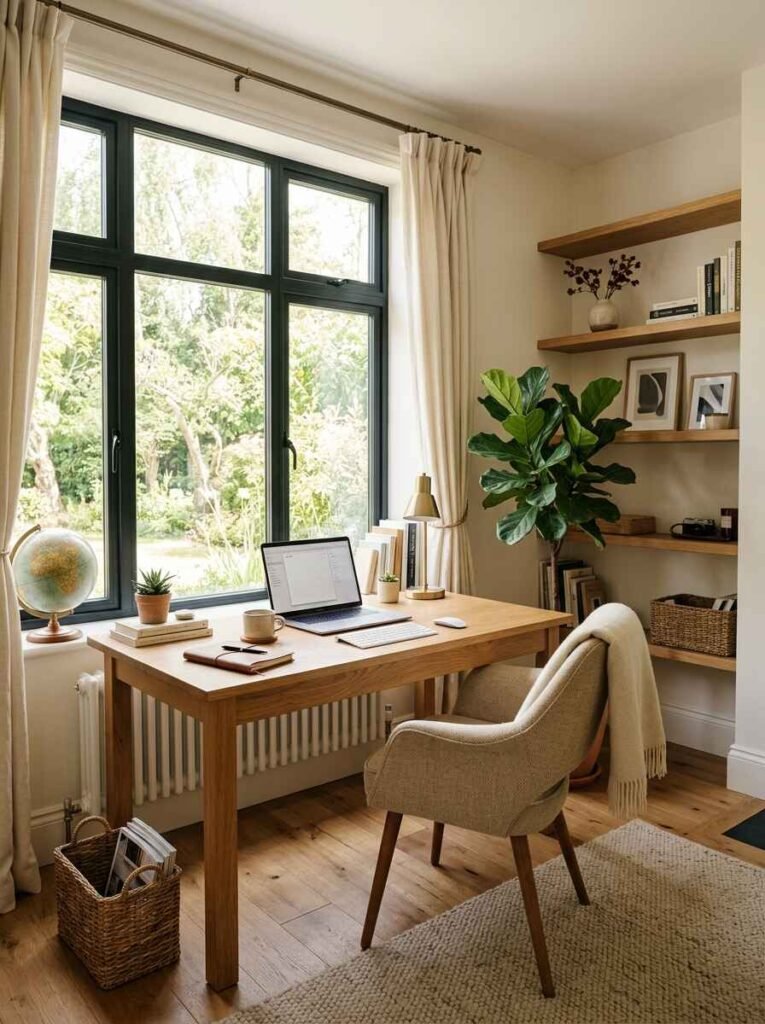 Simple light oak desk positioned directly in front of a black-framed window with sheer curtains and floating alcove shelves.