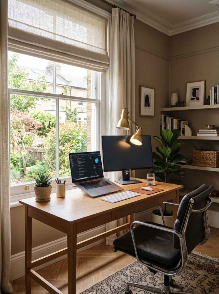 Wooden home office desk positioned next to a large bright window for natural lighting and reduced eye strain.