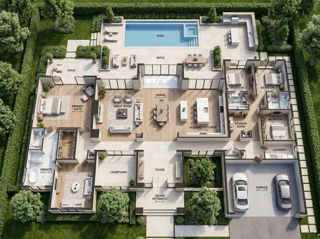 Detailed 3D architectural floor plan illustrating key luxury layout principles, including clear spatial zoning, integrated outdoor pool patio, and private bedroom wings in beige tones.