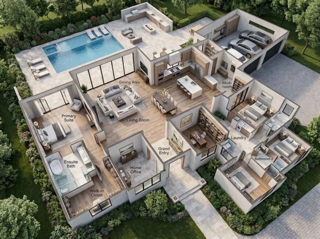 Top-down 3D layout rendering showing room-by-room planning for a modern estate, featuring a grand entry, primary suite, gourmet kitchen, home office, and outdoor pool terrace.