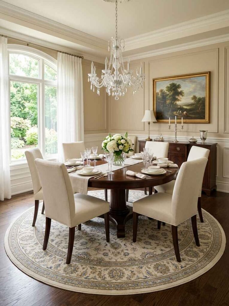 Elegant round dining room rug with classical pattern under a circular wooden dining table.