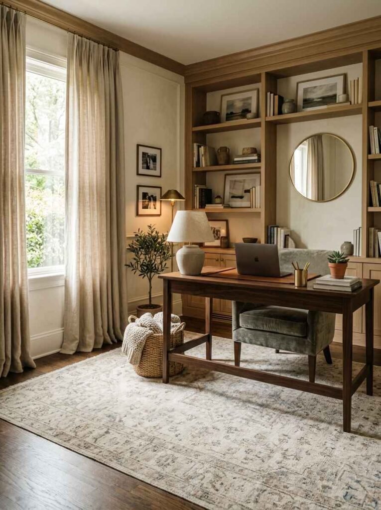 Bright home office with light oak desk, beige upholstered swivel chair, neutral textured area rug, and floor-to-ceiling linen curtains