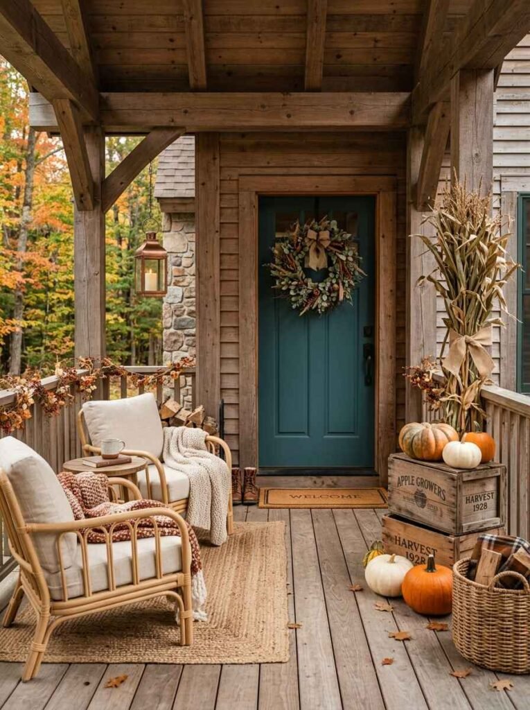 Rustic farmhouse porch with a teal front door, rattan armchairs, vintage apple crates, dried corn stalks, and warm copper lantern light.