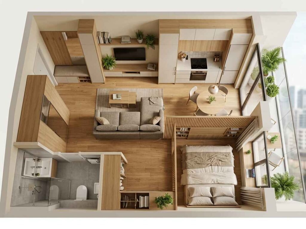 Compact 3D small apartment floor plan showing clever space optimization, multi-functional furniture, slatted wood room divider, and space-saving kitchen.