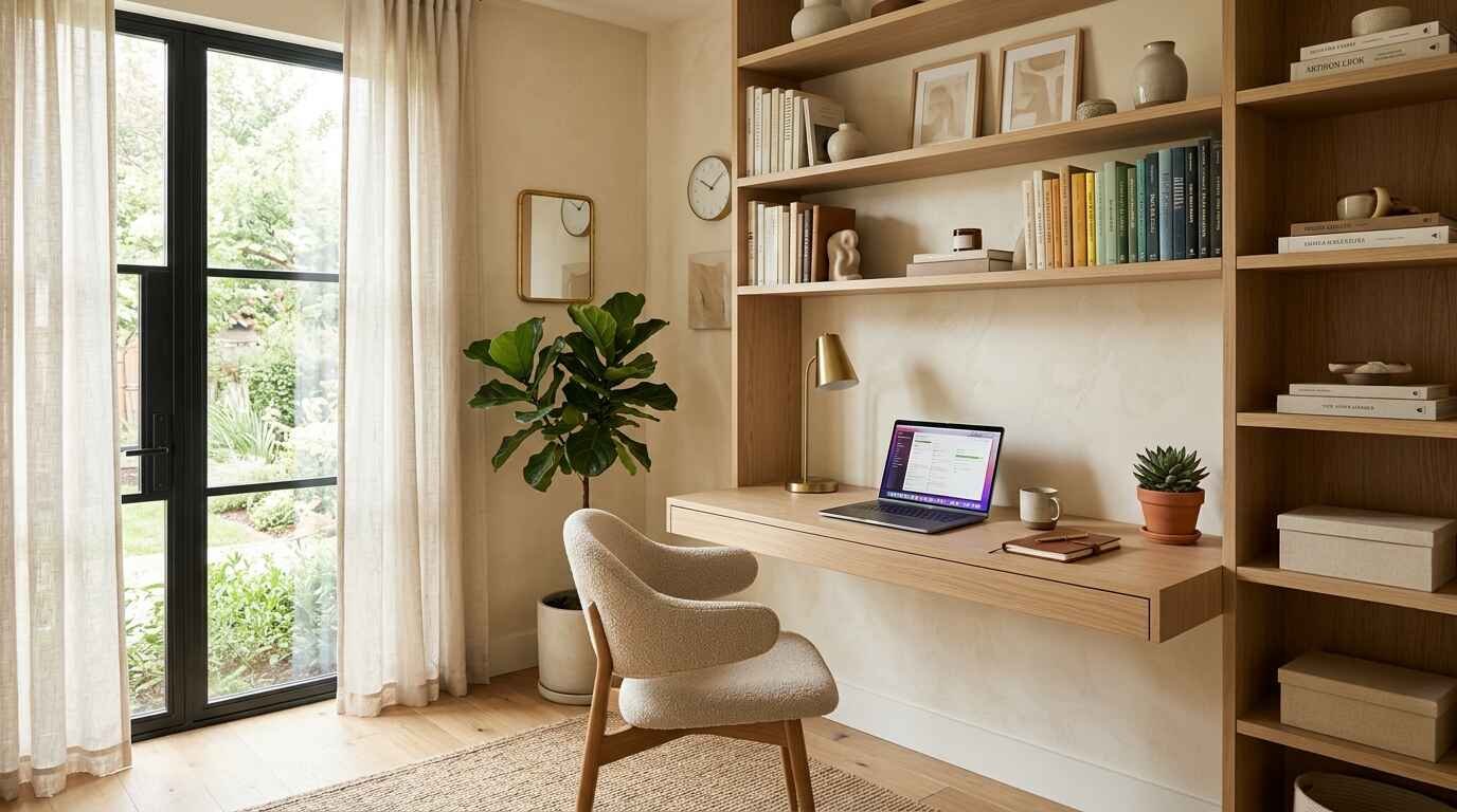 Warm modern small home office setup featuring a floating wood desk, integrated shelving wall, and bright natural light from glass doors.