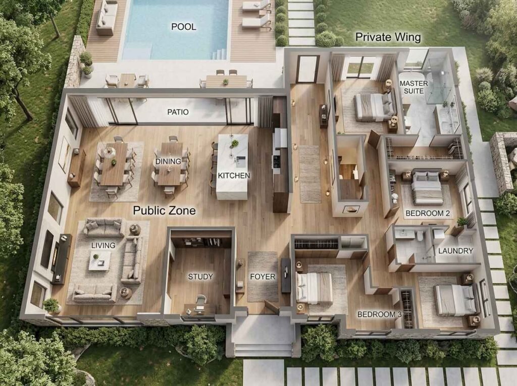 Modern home layout with a clear division between the open public living zone and the quiet private bedroom wing
