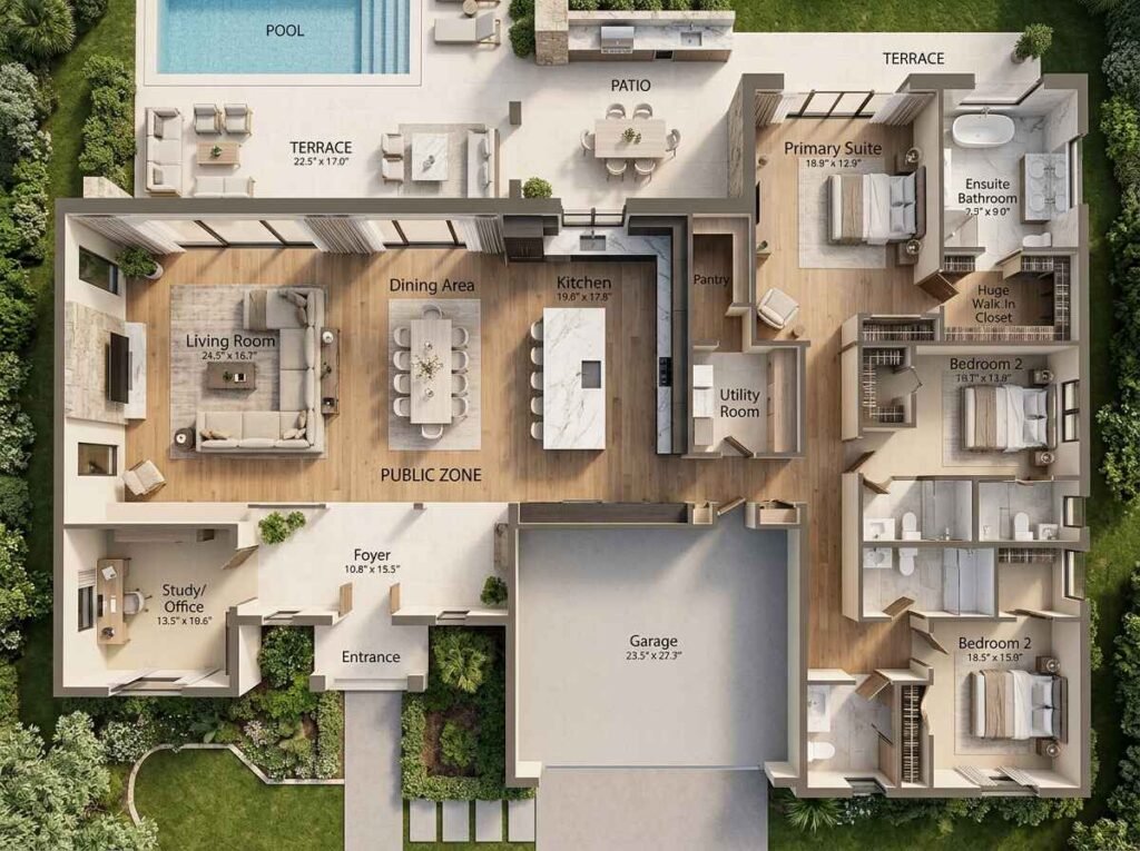 Detailed 3D home layout illustrating the zonal separation of open public living and dining areas from private primary bedroom suites and offices.