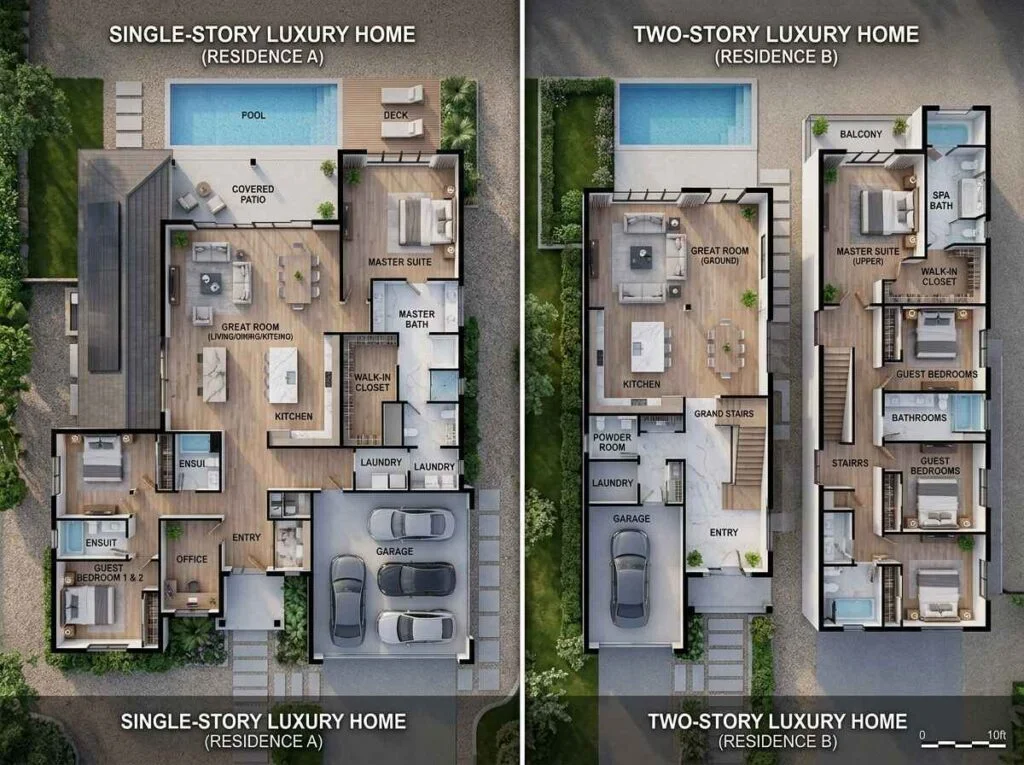 Side-by-side 3D floor plan comparison of a single-story luxury home layout versus a two-story estate plan with an upper-level master suite and balcony.
