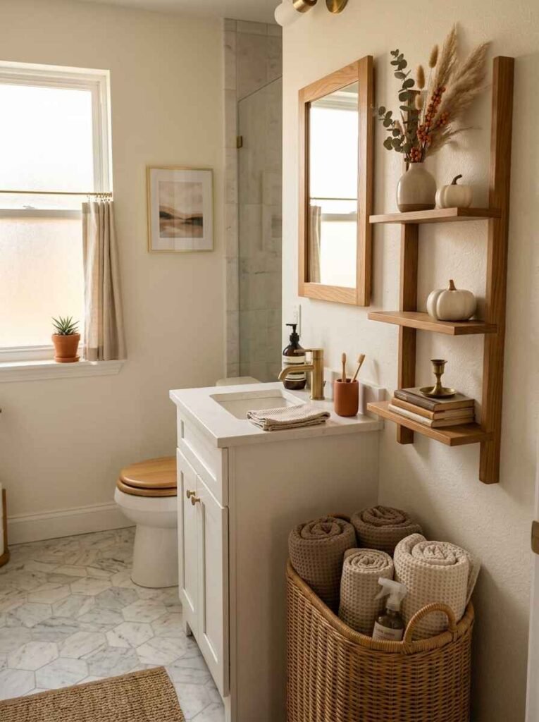Small fall bathroom layout with a wall-mounted wooden shelf holding mini white pumpkins, vase of dried stems, and a basket of rolled waffle towels.