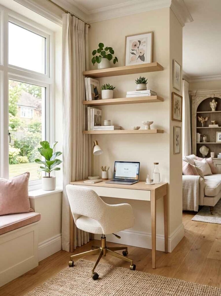 Small feminine home office nook in a cozy alcove featuring light wood floating shelves, cream bouclé swivel chair, and pink accent cushions.