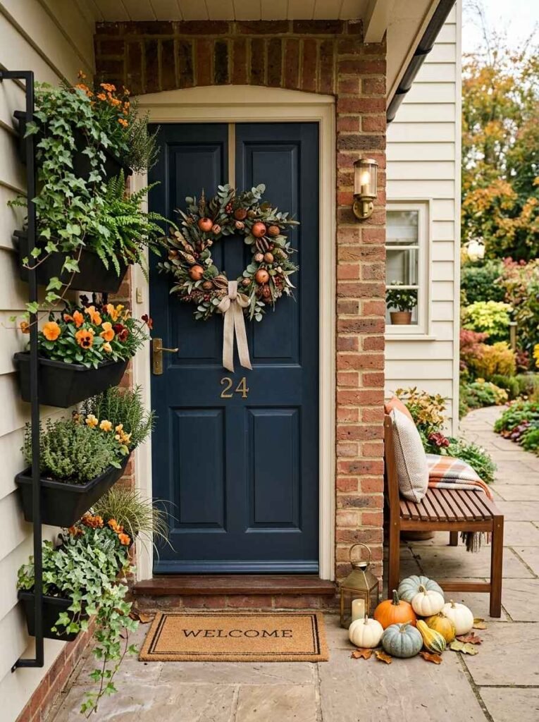 Small front porch entrance featuring a navy blue door with number 24, a tier vertical wall planter with flowers, and small pumpkins.