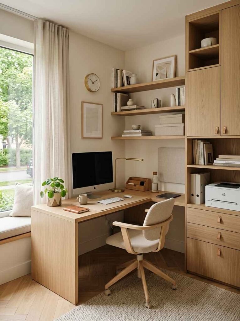 Cozy small home office nook with light wood desk, white textured bouclé chair, ceramic vase with pampas grass, and minimalist wall art
