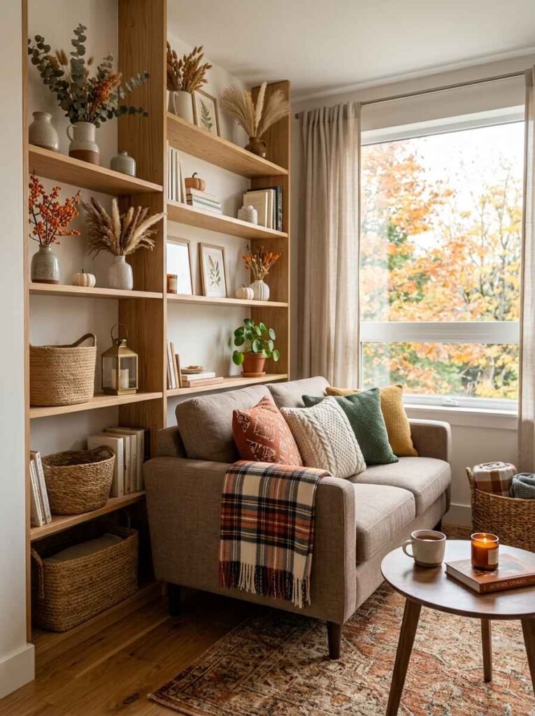 Small cozy autumn living room featuring a compact grey sofa with plaid throw blankets, built-in oak bookshelves styled with pampas grass and dried floral arrangements, and a window view of fall foliage.