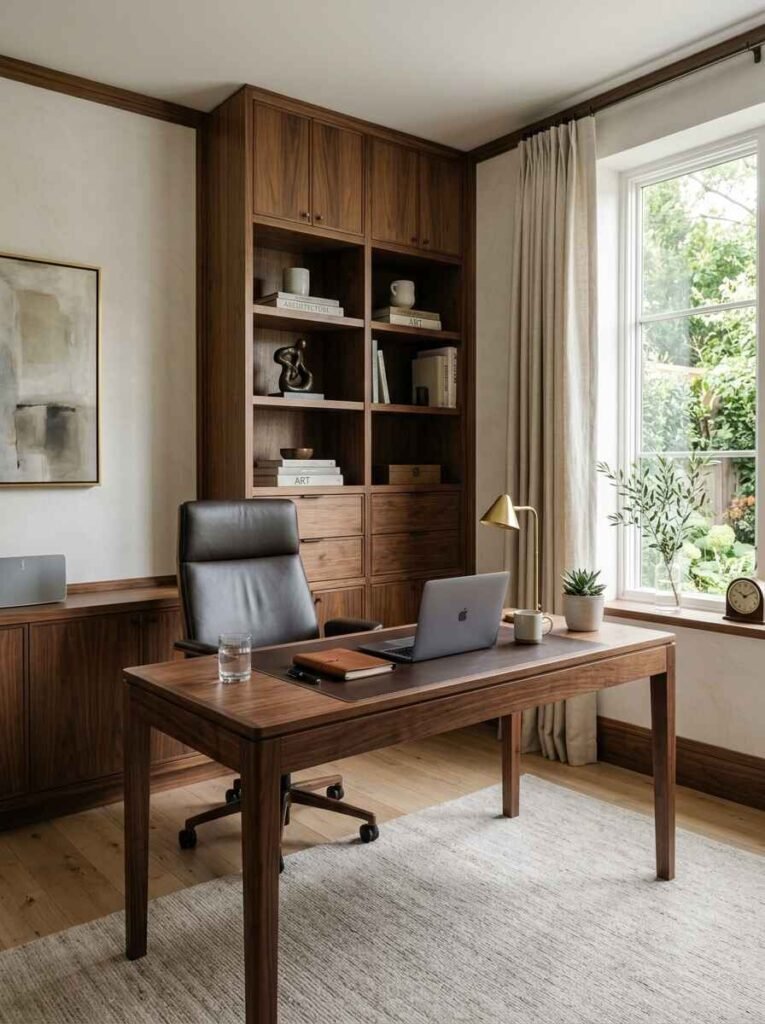 mall luxury home office setup featuring a dark walnut desk with a leather desk pad, black leather executive chair, custom vertical wood shelving unit, and a bright window with neutral drapery.